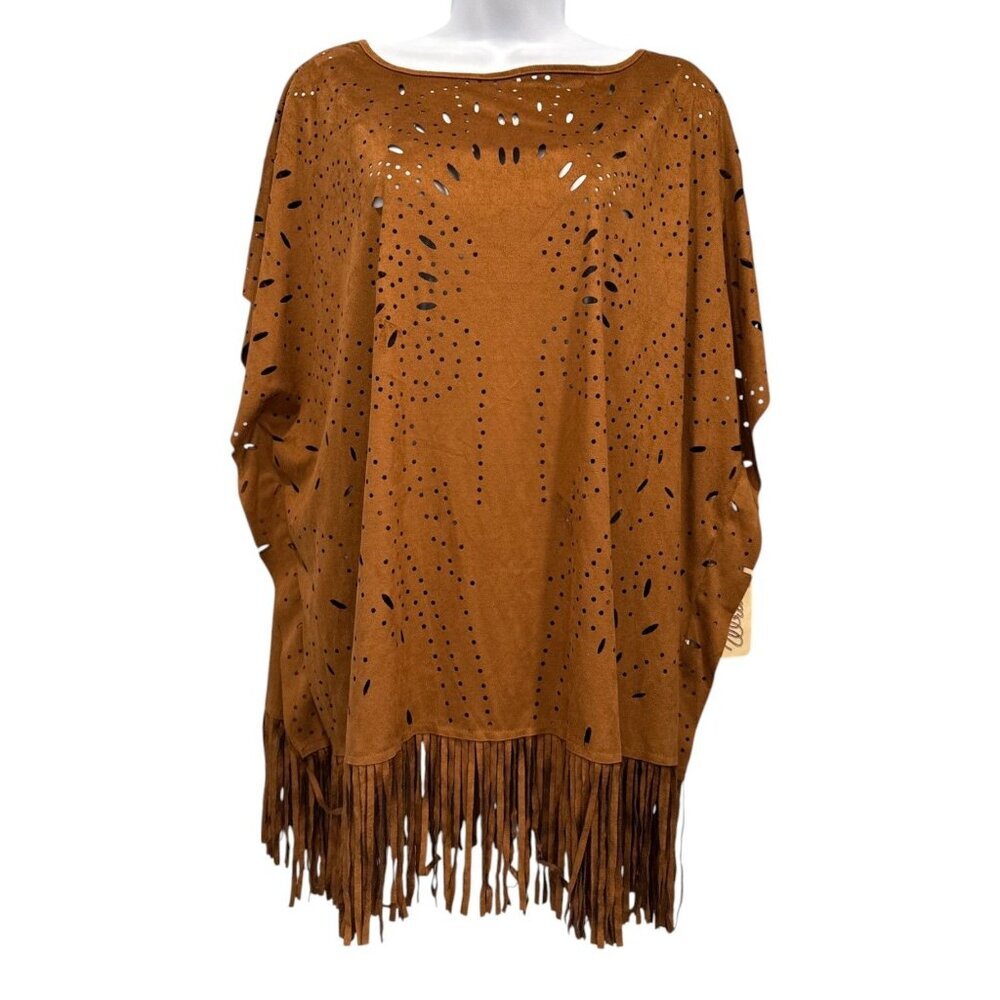 Wrangler Laser Cut Fringe Poncho Vegan Suede Womens S Brown Western Festival